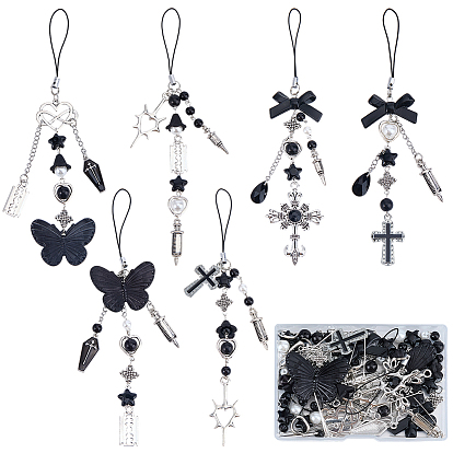 Наборы для самостоятельного изготовления мобильного ремня, включая полиэстеровые ремешки для мобильных телефонов, подвески и бусы из сплава, акриловые и стеклянные бусины, подвески из стекла и пластика, латунный штифт с ушком, соединительные кольца и цепочка