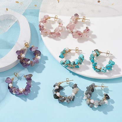 4 Pairs 4 Style Natural & Synthetic Mixed Gemstone Chips Beaded Ring Stud Earrings, Brass Wire Wrap Half Hoop Earrings