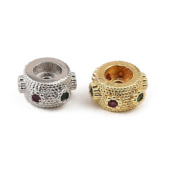 Brass Micro Pave Colorful Cubic Zirconia Beads, Flat Round, Rack Plating, Long-Lasting Plated, Cadmium Free & Lead Free