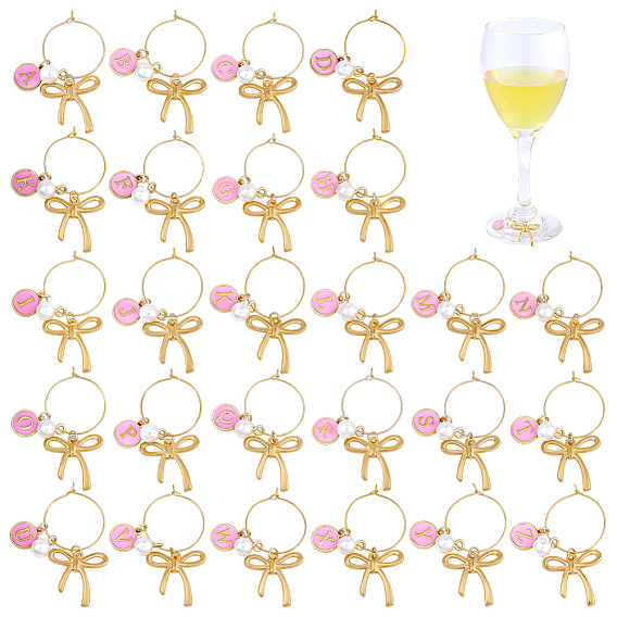 26Pcs Alloy Enamel Wine Glass Charms, with ABS Plastic Pearl & Brass Wine Glass Charms Ring, Bowknot with Letter A~Z