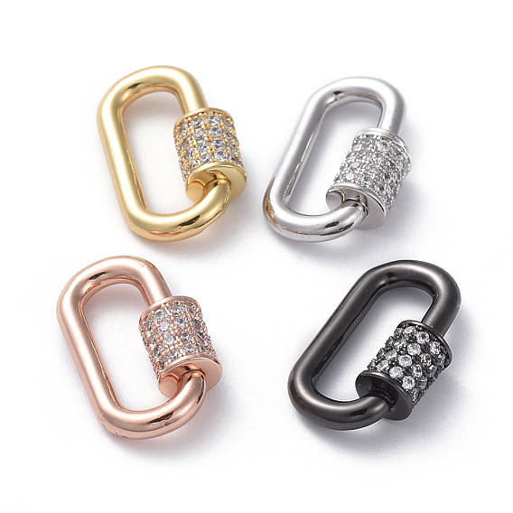 Brass Micro Pave Cubic Zirconia Screw Carabiner Lock Charms, for Necklaces Making, Long-Lasting Plated, Real 18K Gold Plated, Oval, Clear