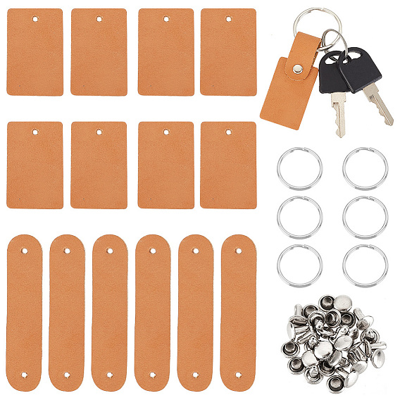 DIY Blank Keychain Making Kit, Including Rectangle & Oval Leather Clothing Blank Labels, with Rivets, Iron Split Key Ring