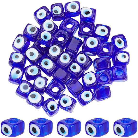 50 piezas de cuentas europeas de vidrio soplado hechas a mano con forma de ojo turco, abalorios de grande agujero, cubo