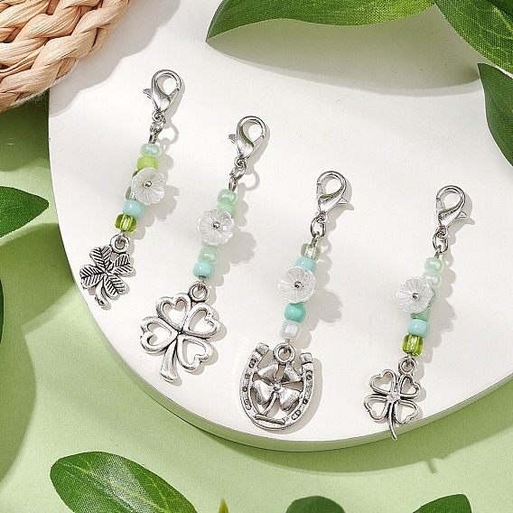 4 шт. подвесные украшения из сплава в виде клевера ко дню святого патрика, подвески из стеклянных бусин и застежек-клешней для украшений сумок