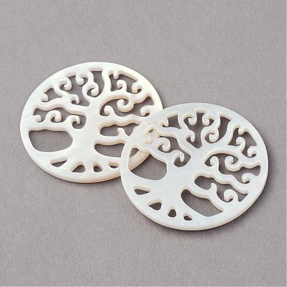 Sea Shell Pendants, Flat Round with Tree of Life, Filigree