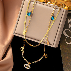 Stylish Double-Layered Necklace Set with Blue Teardrop Eye Pendant - Fashionable Titanium Steel Jewelry for Women