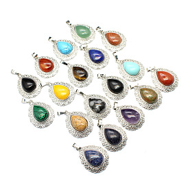 Natural Gemstone Pendants, Teardrop Charms with Metal Snap on Bails, Antique Silver