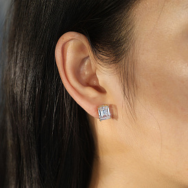 925 Sterling Silver Micro Pave Clear Cubic Zirconia Stud Earrings, Rectangle