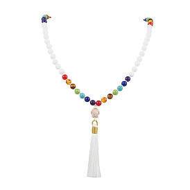 Chakra Gemstone Round Beaded Turtle Pendant Necklaces, Polyester Tassel Necklaces for Women