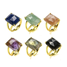 Rectangle Natural Gemstone Open Cuff Rings, Golden Plated Brass Ring for Unisex