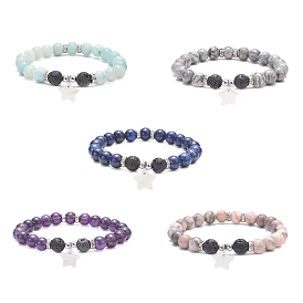 Natural Lava Rock & Synthetic Hematite & Mixed Gemstone Beaded Stretch Bracelets with Shell Star Charms
