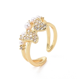 Brass Micro Pave Cubic Zirconia Open Rings, Butterfly with Plastic Imitation Pearl Cuff Rings for Women