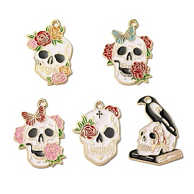 Halloween Alloy Pendants, with Enamel, Light Gold, Skull Charm