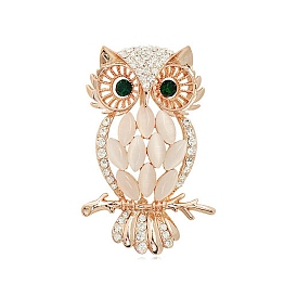 Alloy Rhinestone Brooches, with Cat Eye, Moon with Owl Brooches for Women