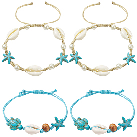 4шт. 2 цвета, регулируемые, вощеные хлопковые шнуры, плетеные браслеты, с бусинками из каури, синтетические бирюзовые (крашеные) бусины, морская звезда / морские звезды и черепаха