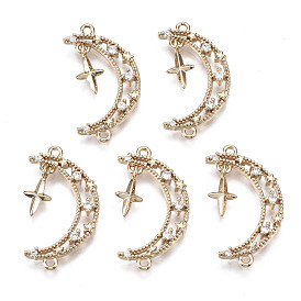Brass Micro Pave Cubic Zirconia Links Connectors, Long-Lasting Plated, Moon & Star, Light Gold