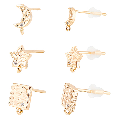 18Pcs 3 Style Brass Cubic Zirconia Stud Earring Findings with Loop, with 40Pcs Plastic Ear Nuts, Moon & Star & Square
