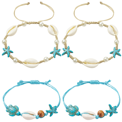 4шт. 2 цвета, регулируемые, вощеные хлопковые шнуры, плетеные браслеты, с бусинками из каури, синтетические бирюзовые (крашеные) бусины, морская звезда / морские звезды и черепаха