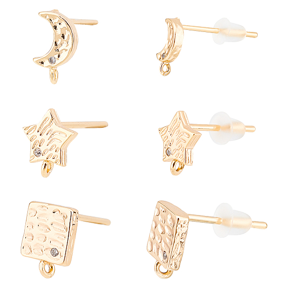18Pcs 3 Style Brass Cubic Zirconia Stud Earring Findings with Loop, with 40Pcs Plastic Ear Nuts, Moon & Star & Square