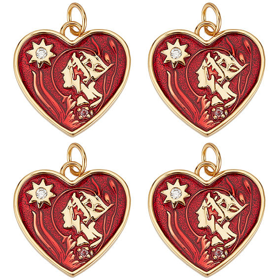 6подвески из кубического циркония с покрытием из латуни с микропаве, с прыжковыми кольцами и эмалью, долговечный, без свинца и без кадмия, сердце с женщинами и солнечным шармом