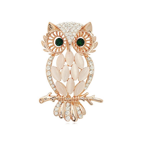 Alloy Rhinestone Brooches, with Cat Eye, Moon with Owl Brooches for Women