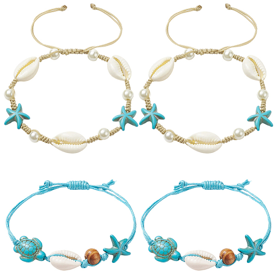 4шт. 2 цвета, регулируемые, вощеные хлопковые шнуры, плетеные браслеты, с бусинками из каури, синтетические бирюзовые (крашеные) бусины, морская звезда / морские звезды и черепаха