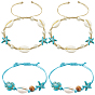 4шт. 2 цвета, регулируемые, вощеные хлопковые шнуры, плетеные браслеты, с бусинками из каури, синтетические бирюзовые (крашеные) бусины, морская звезда / морские звезды и черепаха
