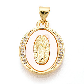 Латунные микропаве прозрачные подвески с фианитом, без кадмия и без свинца, с оболочкой, овальные с рисунками " virgin mary"