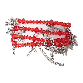 Red Glass Multi-Strand Beaded Bracelets, Cross 201 Stainless Steel & Alloy Charm Bracelets for Women