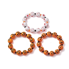 3Pcs 3 Styles Halloween Wood & Acrylic Round Beaded Stretch Bracelet Sets, Stackable Pumpkin Bracelets