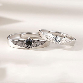 Adjustable Brass Micro Pave Cubic Zirconia Couple Cuff Open Rings, Angel Wing and Devil Wing