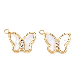 Подвески в виде бабочек из натуральных ракушек, с 304 оправами из нержавеющей стали с кристаллами, цвет морской раковины