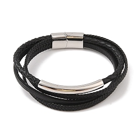 Braided Microfiber Leather Multi-strand Bracelets, 304 Stainless Steel Tube Bracelets for Men