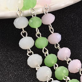 Chaînes de perles rondelles en verre imitation jade pour colliers fabrication de bracelets, avec épingle à œil en laiton plaqué couleur argent, non soudée, 39.3 pouce, Environ 87 pcs/chapelet
