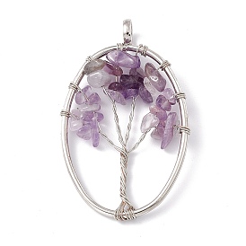 Oval Natural Amethyst Copper Wire Wrapped Chip Big Pendants, Tree of Life Charm, with Platinum Tone Iron Findings