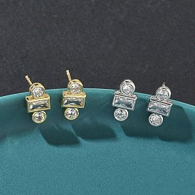 Серьги-гвоздики с квадратом и круглыми плоскими латунными кристаллами с микропаве из прозрачного кубического циркония, стойки покрытие, долговечный, без кадмия и без свинца