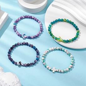 4Pcs Synthetic Ocean White Jade Beads Stretch Bracelets for Women Men, with Synthetic Turquoise, Round & Cross