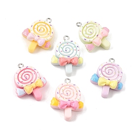 Opaque Resin Imitation Food Pendants, Lollipop with Bowknot Charms, with Platinum Iron Loop
