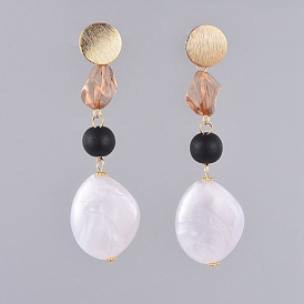 Dangle Stud Earrings, with Round Wood Beads, Transparent Acrylic Beads, Pearlized Acrylic Beads, Brass Ear Stud Findings and Ear Nuts