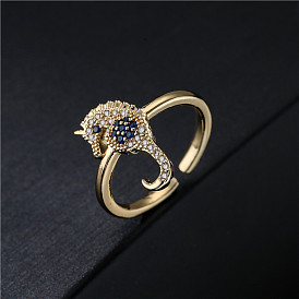 18K Gold Plated Copper Micro Inlaid Wedding Ring for Women, Fashionable Seahorse Zircon Open Adjustable Finger Ring