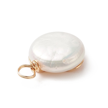 Natural Baroque Pearl Keshi Pearl Pendants, with Copper Wire Wrapped, Flat Round Charm