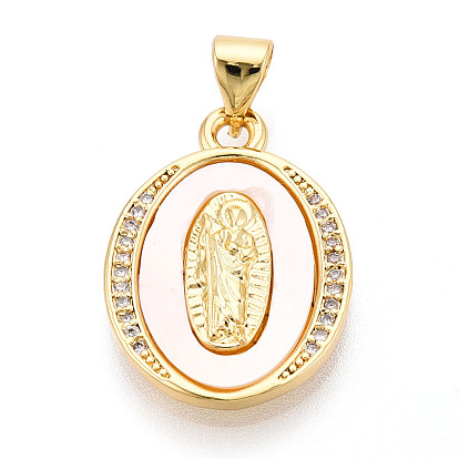 Латунные микропаве прозрачные подвески с фианитом, без кадмия и без свинца, с оболочкой, овальные с рисунками " virgin mary"