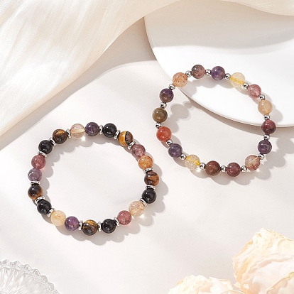 2шт. эластичные браслеты из бусин натурального ауралита, черного оникса и тигрового глаза для женщин, круглые, с латунной бисера, платина