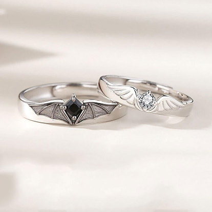 Adjustable Brass Micro Pave Cubic Zirconia Couple Cuff Open Rings, Angel Wing and Devil Wing