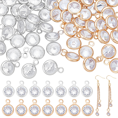 80Pcs 2 Colors Brass Micro Pave Cubic Zirconia Pendants, Round Charms