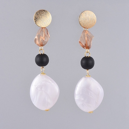 Dangle Stud Earrings, with Round Wood Beads, Transparent Acrylic Beads, Pearlized Acrylic Beads, Brass Ear Stud Findings and Ear Nuts