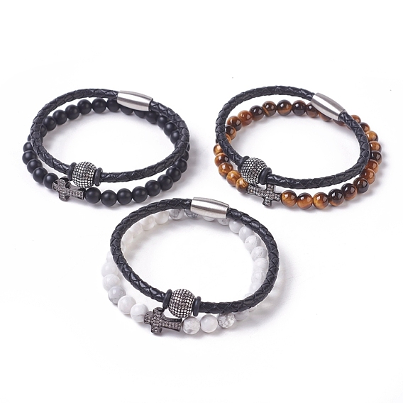 Stackable Bracelets Sets, Leather Cord Bracelet and Natural Gemstone Stretch Bracelets, with 304 Stainless Steel Magnetic Clasps and European Beads, Brass Cubic Zirconia Cross Bead and Burlap Bag