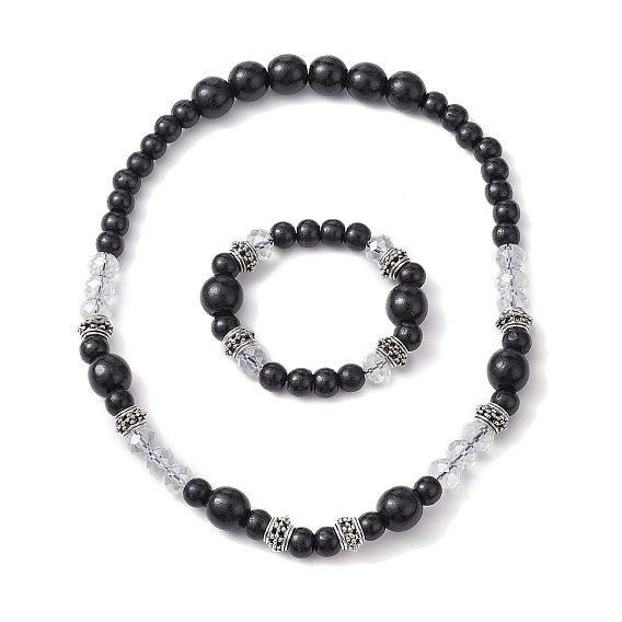 Colliers de perles en bois naturel et en verre et bracelet extensible, ensemble de bijoux