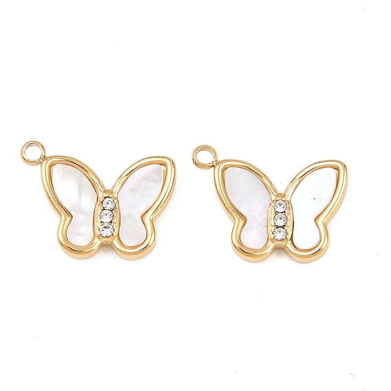 Подвески в виде бабочек из натуральных ракушек, с 304 оправами из нержавеющей стали с кристаллами, цвет морской раковины