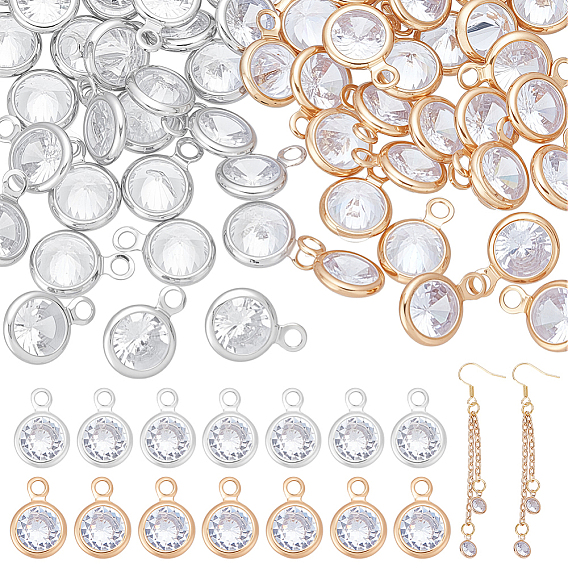80Pcs 2 Colors Brass Micro Pave Cubic Zirconia Pendants, Round Charms